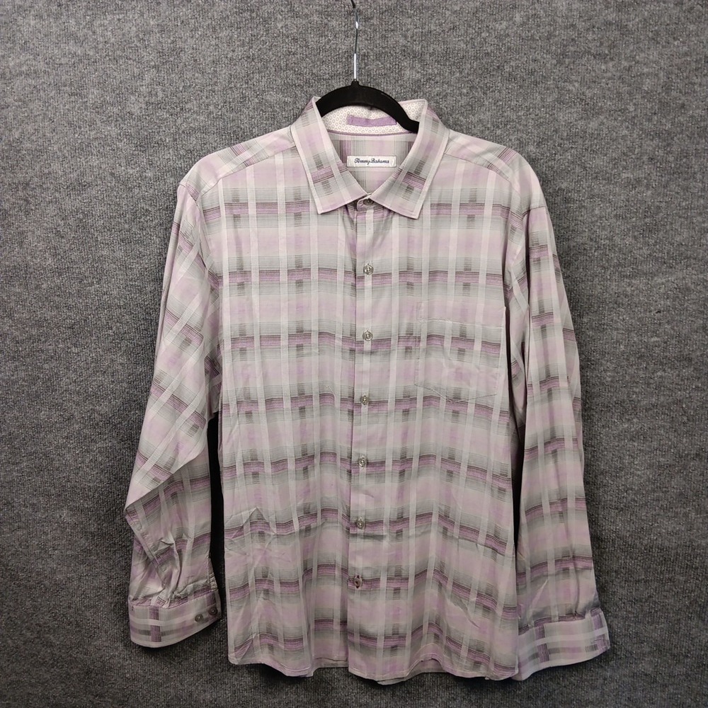 Tommy Bahama Mens Violet Plaid Silk Blend Button Up Shirt Barrel Cuffs Large